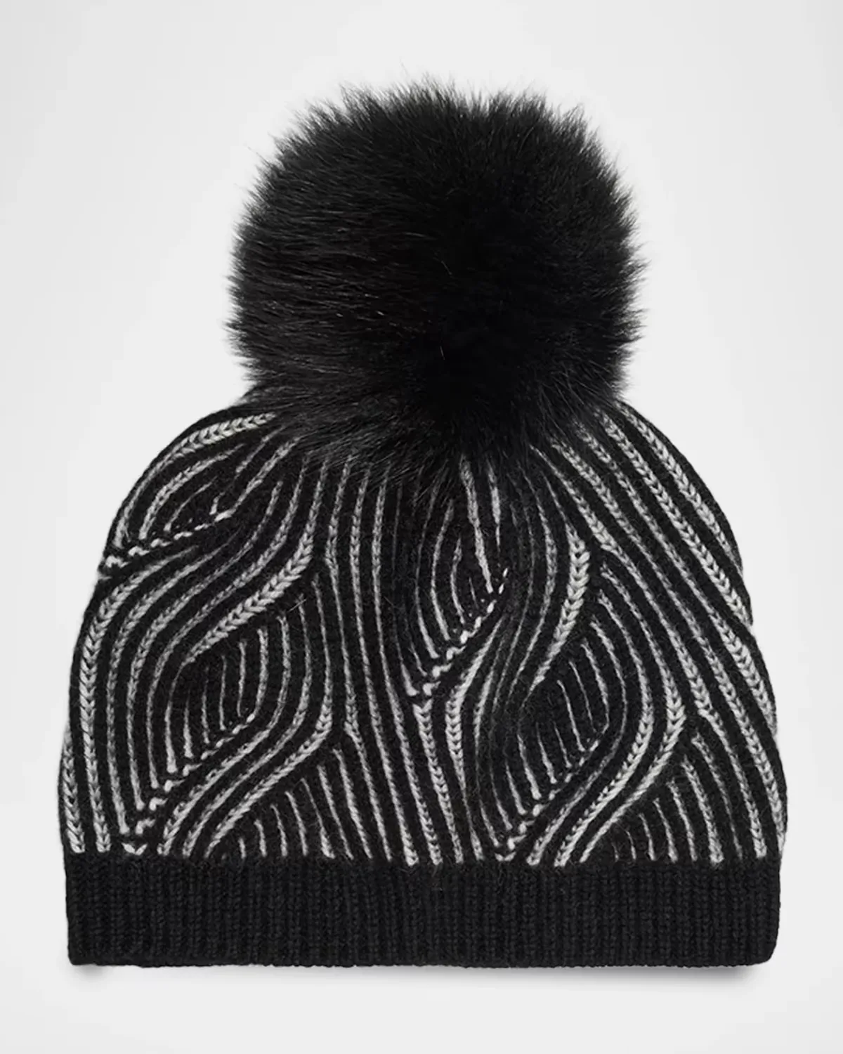 Wave Rib Beanie with Faux Fur Pom-Pom by Sofia Cashmere