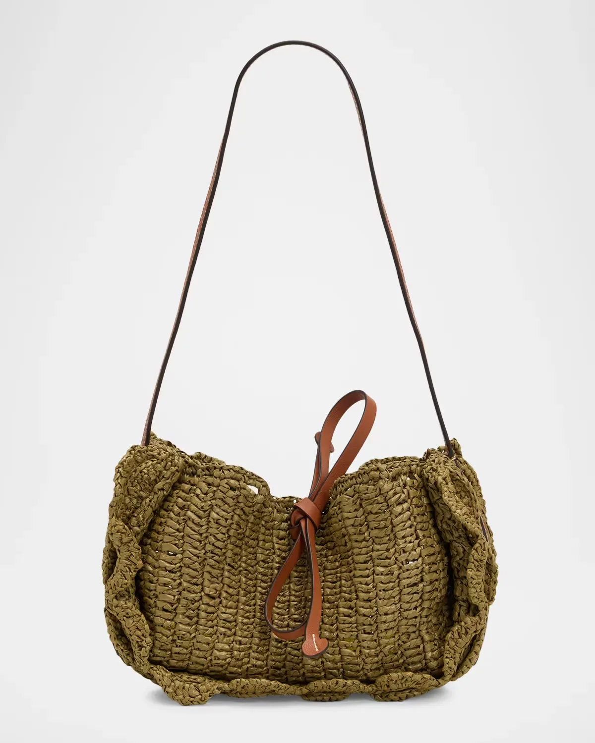 Marina Raffia Scalloped Leather-Trim Shoulder Bag by Ulla Johnson