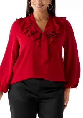 Long Sleeve Ruffle Front Tie Neck Blouse by Kasper