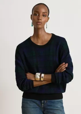 Petite Black Watch Plaid Wool Crew Neck Sweater by Ralph Lauren