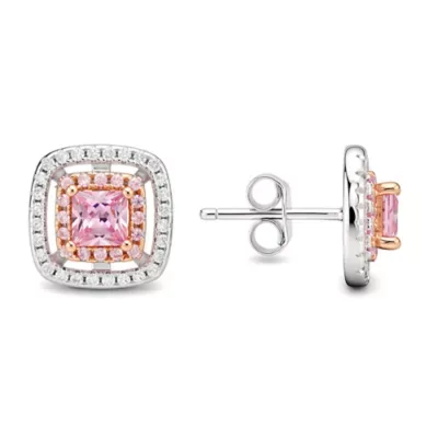 Sterling Silver Two-Tone Princess-Cut Double Halo Pink CZ Stud Earrings by Kylie Harper