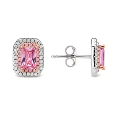 Sterling Silver Two-Tone Emerald-Cut Double Halo Pink CZ Stud Earrings by Kylie Harper
