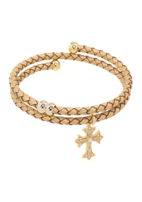 Plated Cubic Zirconia Cross Leather Coil Wrap Bracelet - 8 In