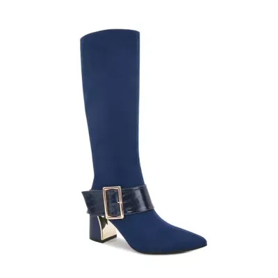 Mandy Side Belt Buckle Knee-High Suede Block Heel Boot
