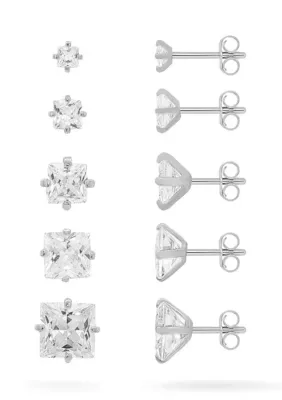 Fine Silver Plated 5 Pair Cubic Zirconia Square Studs Snap Set by Belk Silverworks