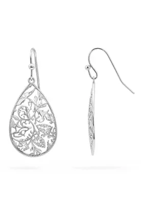 Fine Silver Plated Polished Pear Shape Filigree Leaf Pattern Drop Earrings