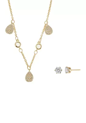 Plated Cubic Zirconia Pear Station Necklace & Stud Earring Set, 18 In by Belk Silverworks
