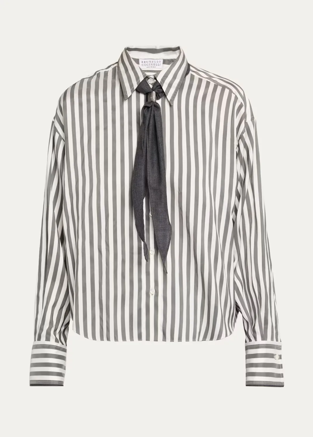 Wide Silk Stripe Button-Down Shirt by Brunello Cucinelli