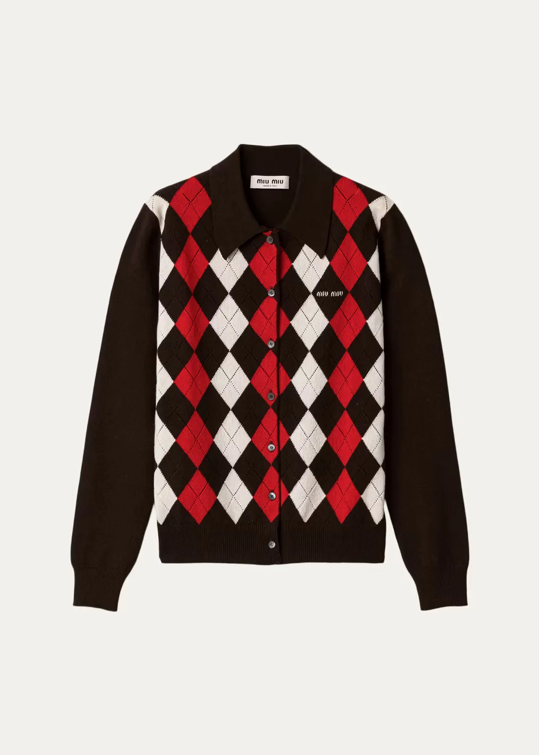 Argyle Cashmere Knit Collared Cardigan by Miu Miu