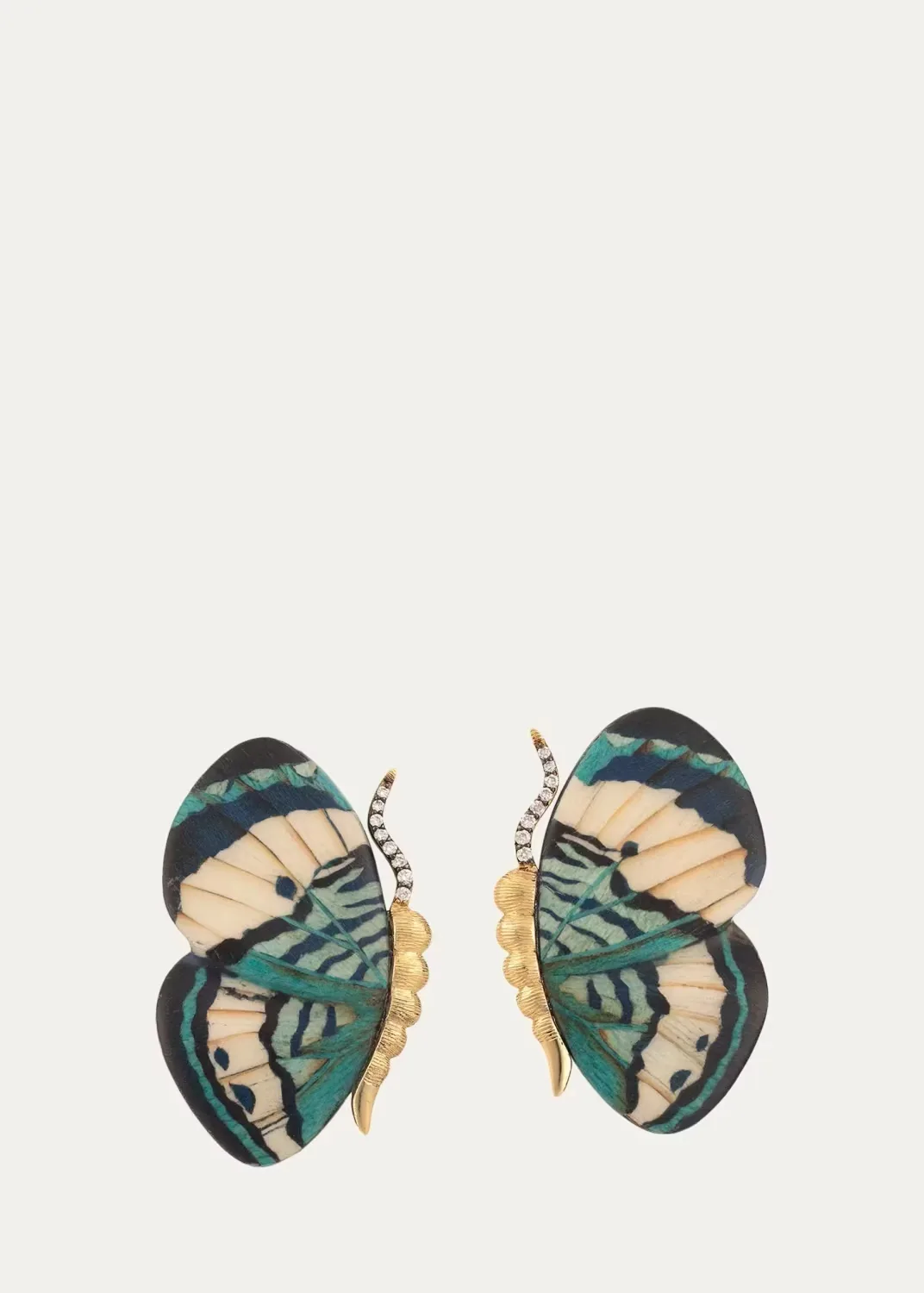18K Yellow Gold Extra-Small Butterfly Wing Blue Marquetry Earrings with Diamonds by Silvia Furmanovich