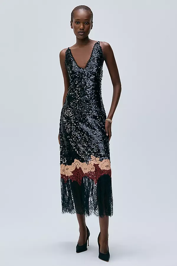 Rebecca Sequined Lace Trim Midi Dress by Bl-nk