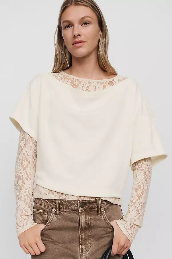 Cotton Blend Lace Twofer Top by Anthropologie