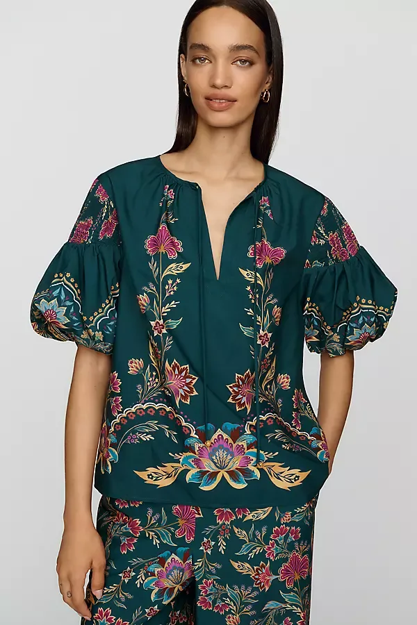 Cotton Blend Printed Puff Sleeve Blouse by FARM Rio