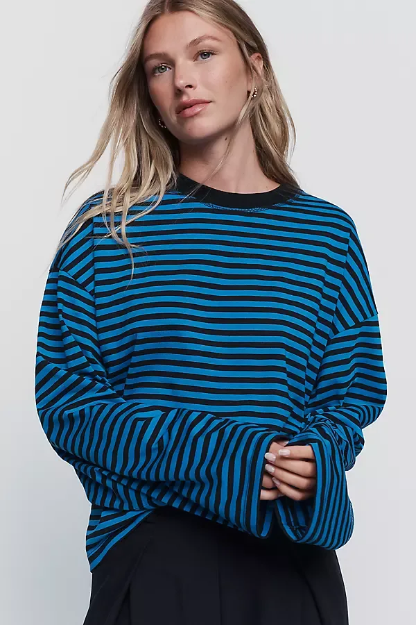 Cotton Blend Oversized Striped Crewneck Tee
