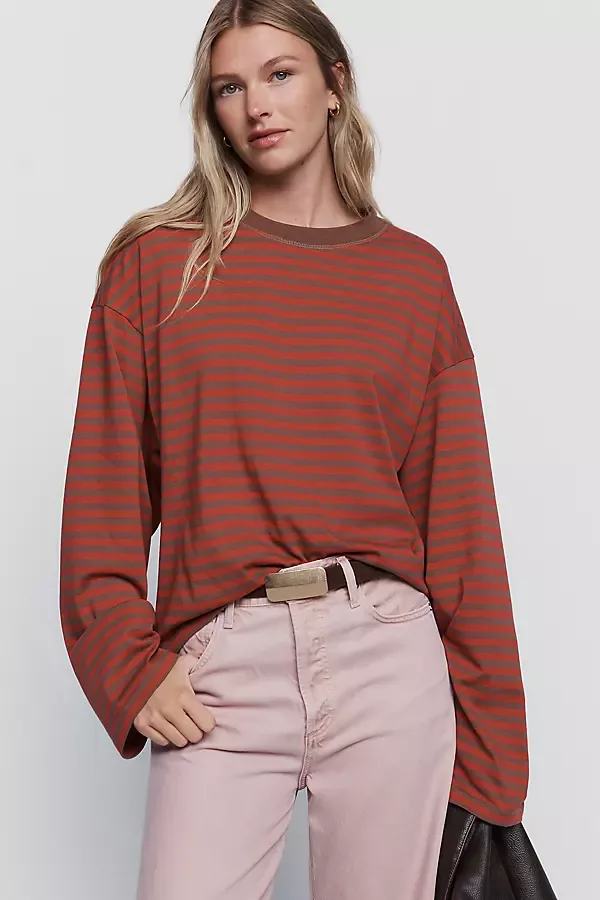 Cotton Blend Oversized Striped Crewneck Tee