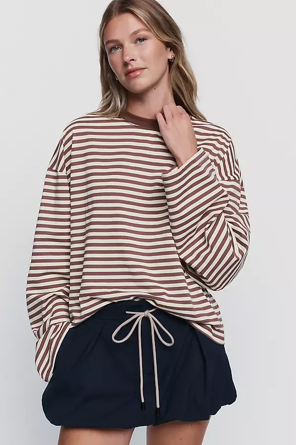 Cotton Blend Oversized Striped Crewneck Tee