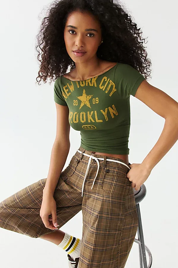 Brooklyn NYC Graphic Slash Neck Baby Tee by BDG