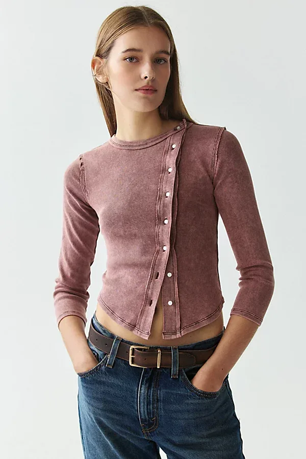 BDG Bella Three Quarter Sleeve Asymmetric Button Front Cardigan by BDG