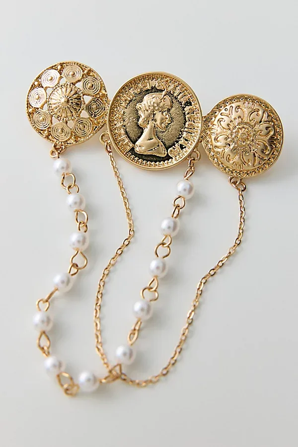 Golden Coin & Pearl Brooch by Urban Outfitters