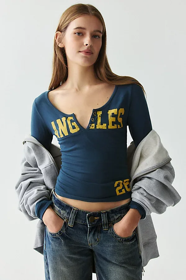 Angeles Graphic Notch Scoop Neck Long Sleeve Tee by Urban Outfitters