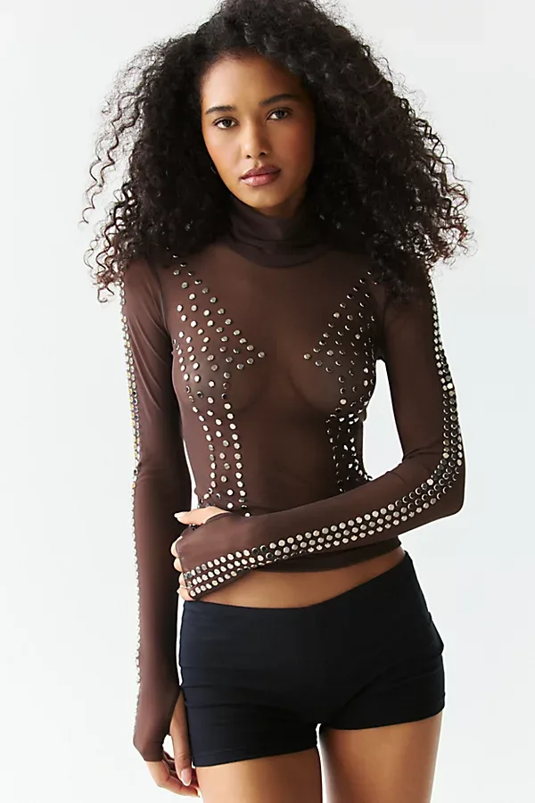 AFRM Zadie Espresso Studded Sheer Mesh Long Sleeve Top by AFRM