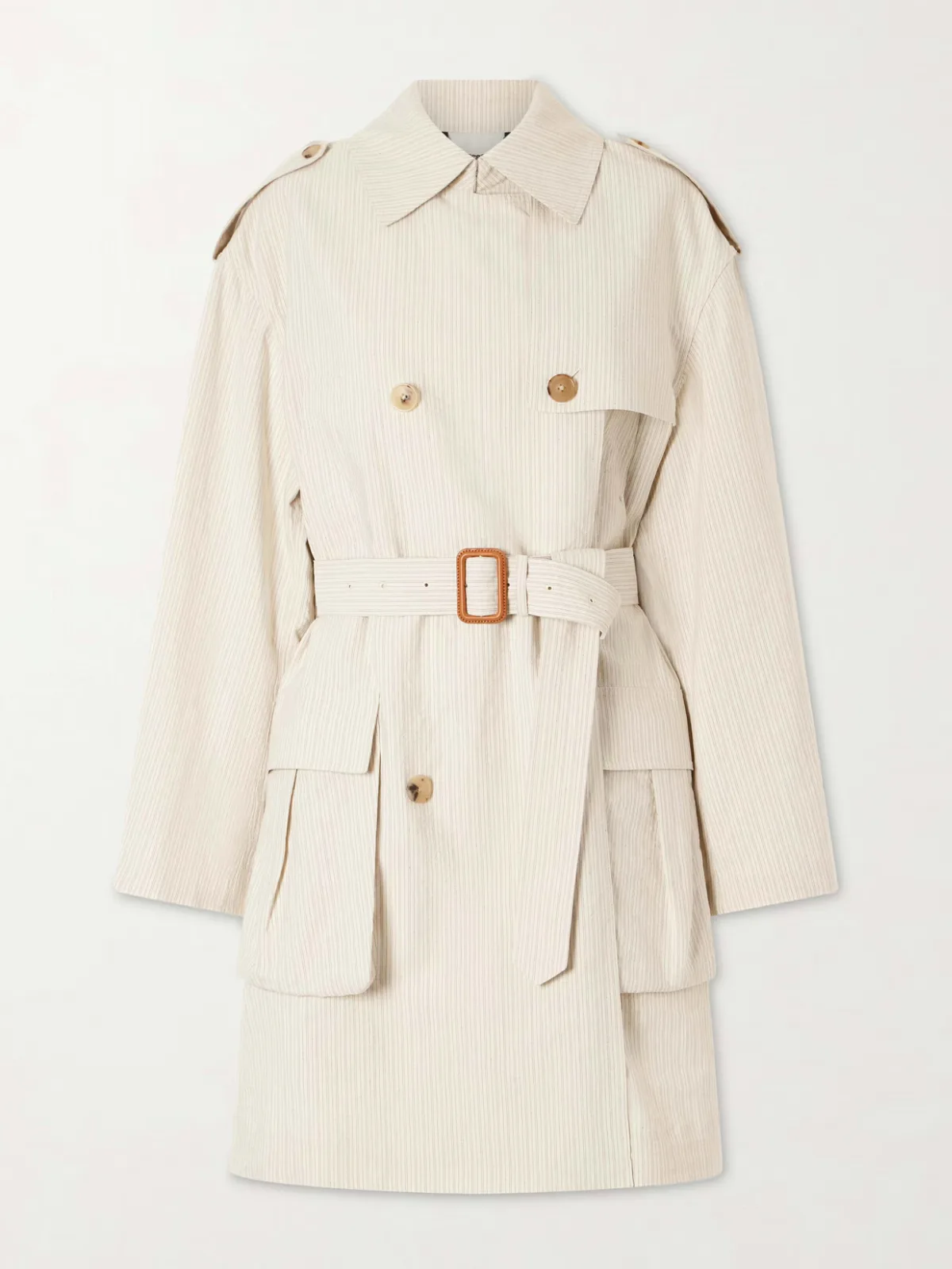 - Double-breasted Belted Striped Cotton-blend Trench Coat -