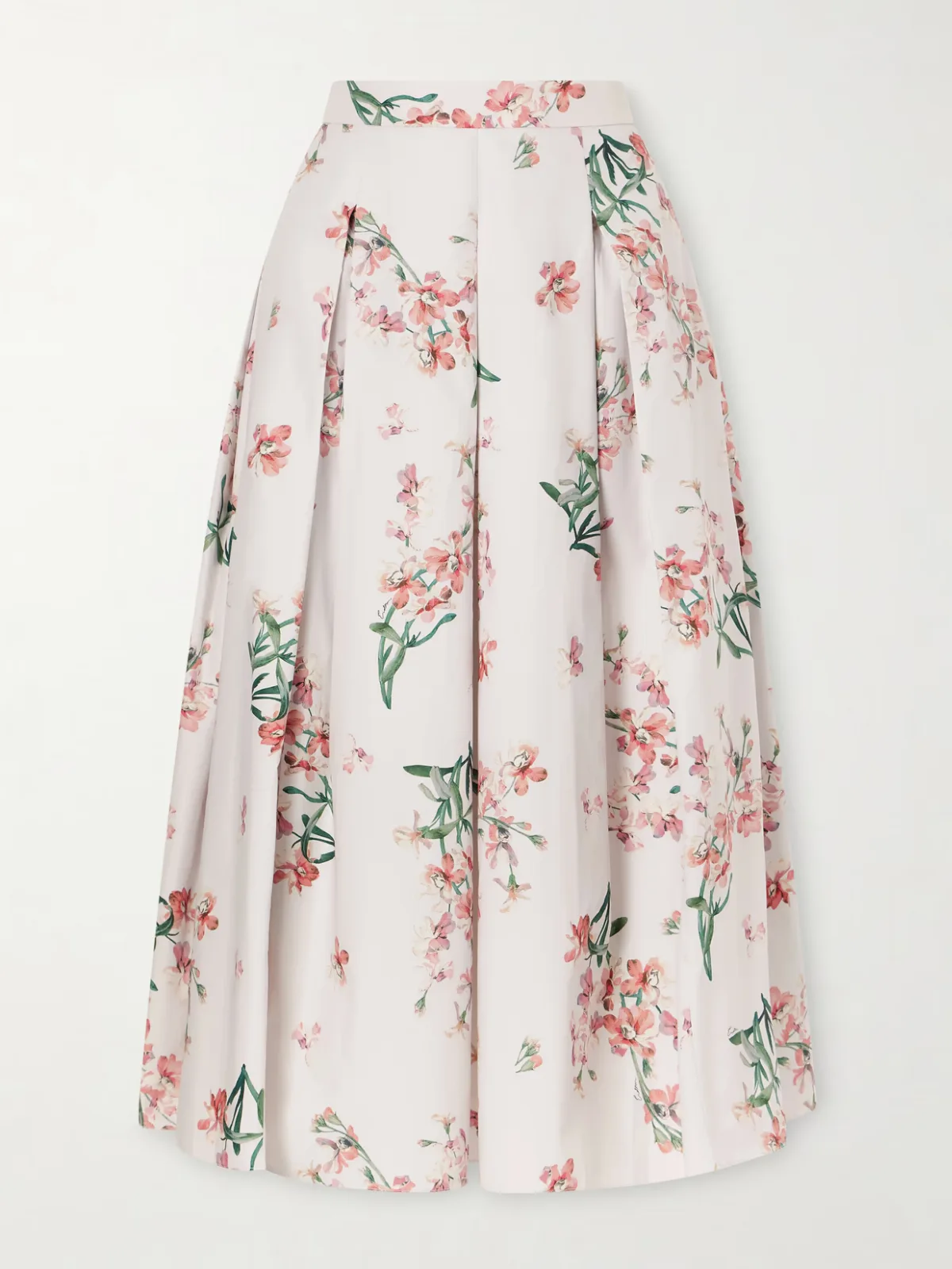 Pleated Floral-Print Cotton-Poplin Midi Skirt