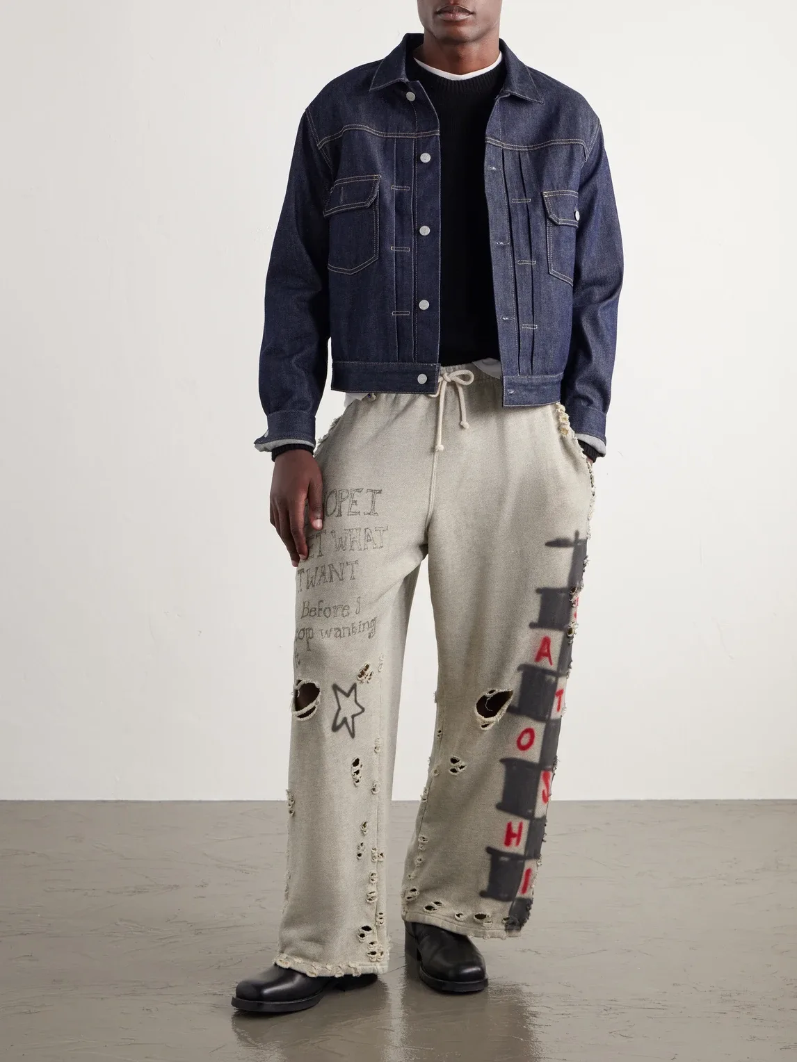Get What I Want Printed Embellished Distressed Cotton-Jersey Sweatpants by Satoshi Nakamoto