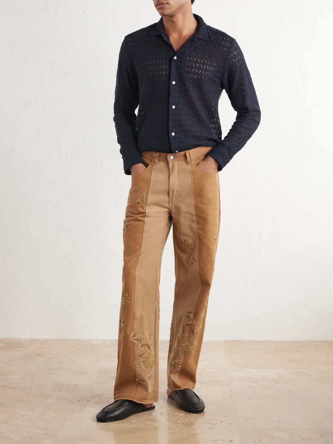 Zardozi Bead-Embellished Embroidered Panelled Cotton-Canvas Trousers by Kartik Research