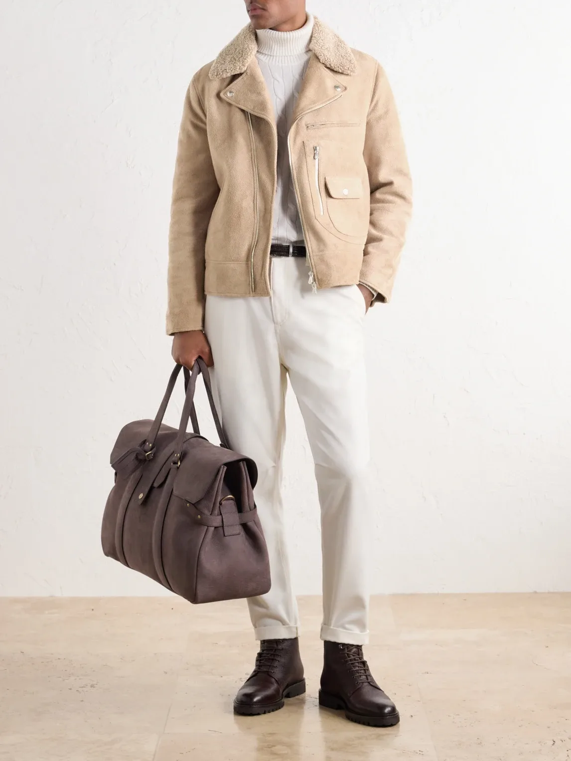 Shearling-Trimmed Suede Leather Biker Jacket by Brunello Cucinelli