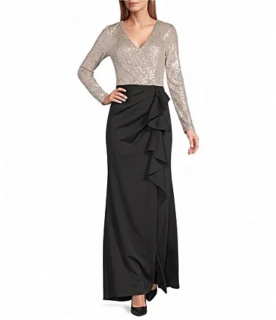Scuba Sequin V-Neck Ruffle A-Line Gown by Xscape