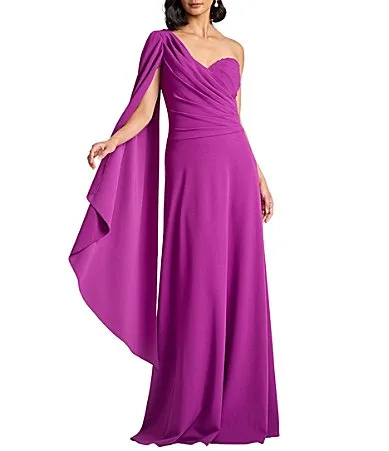 One Shoulder Cape Sleeve Pleated Bodice Crepe Gown