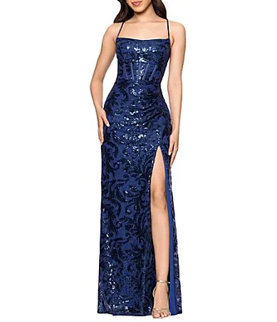 Sleeveless Corset-Bodice Sequin Embellished Fitted Gown by Blondie Nites