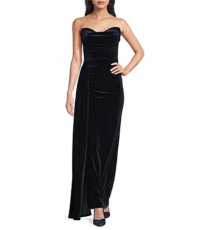 Velvet Strapless Side Sash Gown