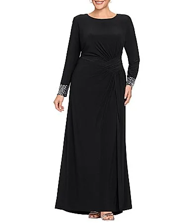 Ruched Beaded Cuff Long Dress