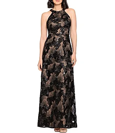 Floral Sequin Soutache Halter Sleeveless A-Line Long Gown by Betsy & Adam