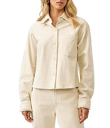 Soft Corduroy Pearl Embellished Point Collar Long Sleeves Button Front Top by Karen Kane
