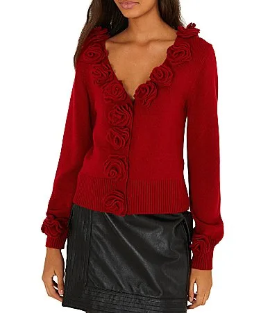 3D Floral Applique V-Neck Long Sleeve Knit Cardigan by FARM Rio