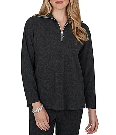 Ribbed Knit Portrait Collar Long Sleeve Quarter Zip Pullover by Ruby Rd