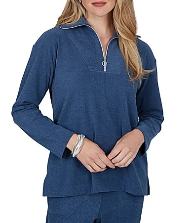 Ribbed Knit Quarter Zip Mock Neck Long Sleeve Top by Ruby Rd