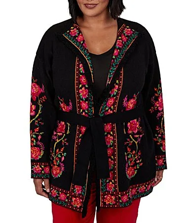 Knit Jacquard Rose Shawl Collar Long Sleeve Fringe Hem Self Tie Cardigan by Ruby Rd