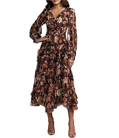 Mac Duggal Long Sleeve Printed Micro Ruffle A-Line Dress by M.A.C.