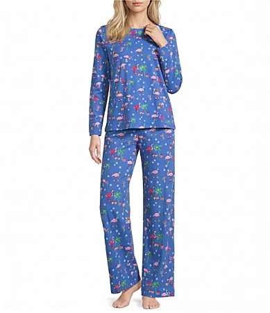 Flamingo Christmas Print Long Sleeve Crew Neck Knit Pajama Set by Sleep Sense