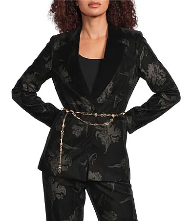 Velvet Floral Pattern Notch Collar Chain Belt Button Front Blazer