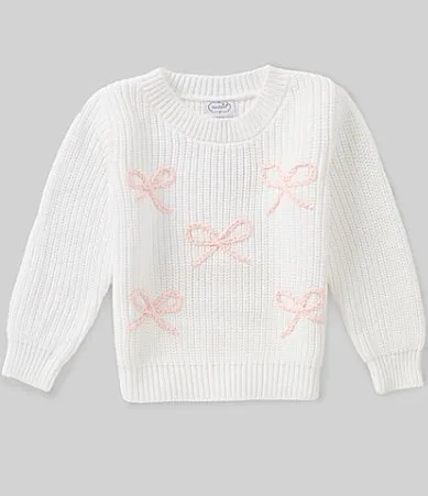 Long-Sleeve Chain-Stitched Embroidered-Bow-Motif Sweater by Mud Pie