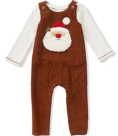Sleeveless Santa Applique Corduroy Coverall Long Sleeve Waffle Weave T-Shirt Set by Mud Pie