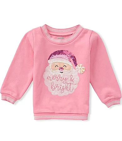 Long-Sleeve Santa Face Appliqued French Terry Sweatshirt by Mud Pie