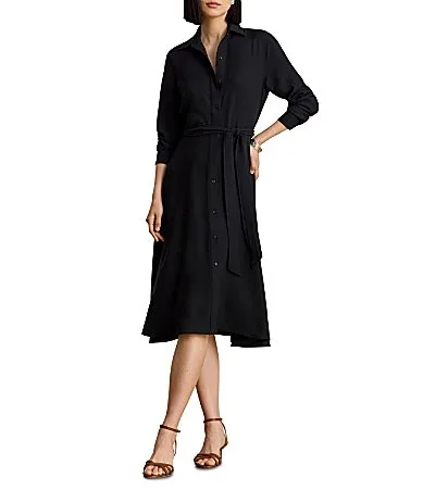 Lauren Ralph Lauren Double-Faced Georgette Point Collar Long Sleeve Full Length A-Line Dress