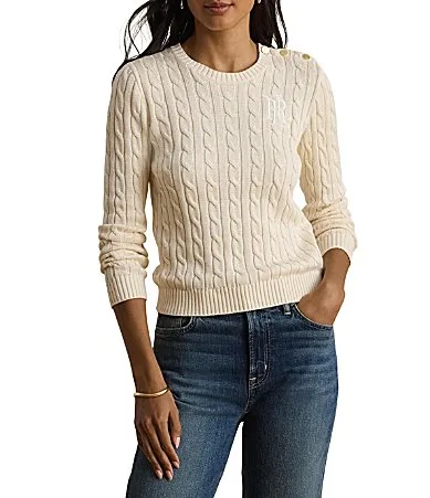 Lauren Ralph Lauren Cable Knit Crew Neck Long Sleeve Sweater Top