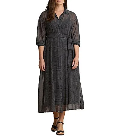 Lauren Ralph Lauren Semi-Sheer Chiffon Glen Plaid Point Collar Long Sleeve A-Line Dress by Ralph Lauren